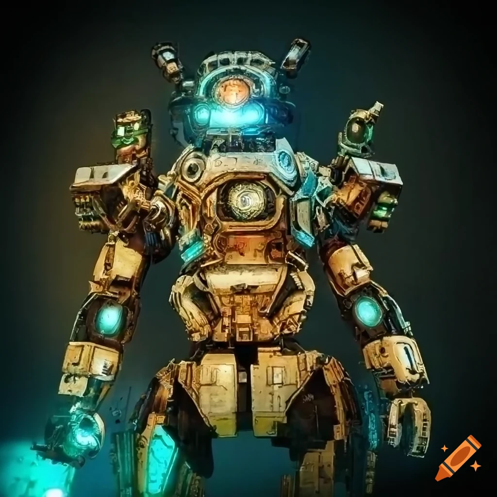 Steampunk fusion of Titanfall's titan with a vintage warhammer