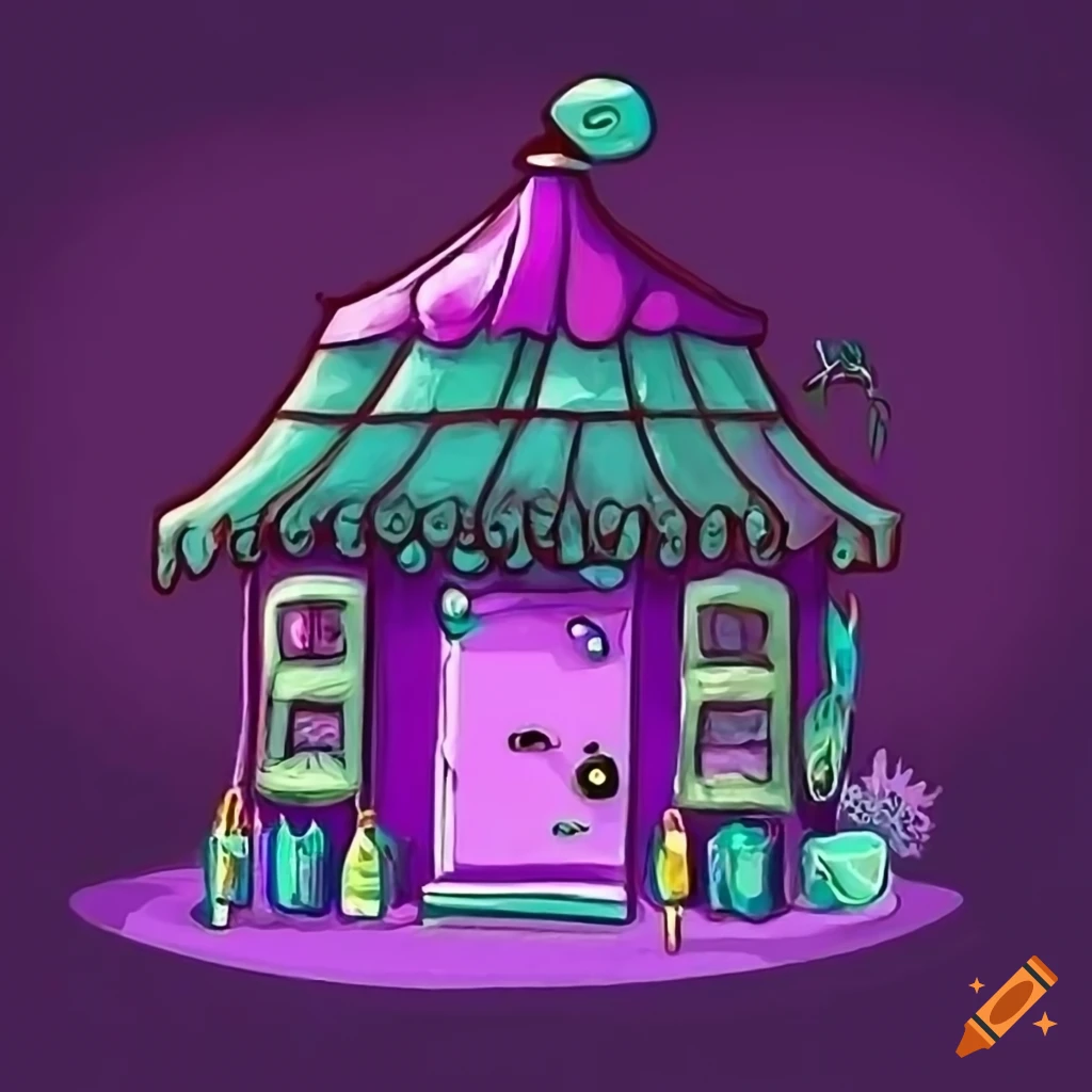 Small novelty shop with light purple exterior and dark purple roof in a cartoon style
