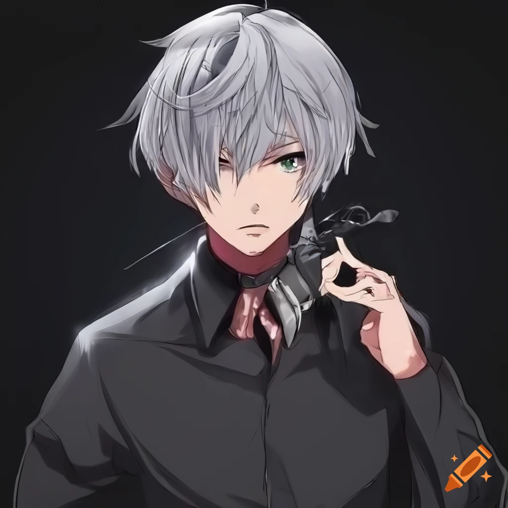 Anime character with silver hair and headphones in black shirt