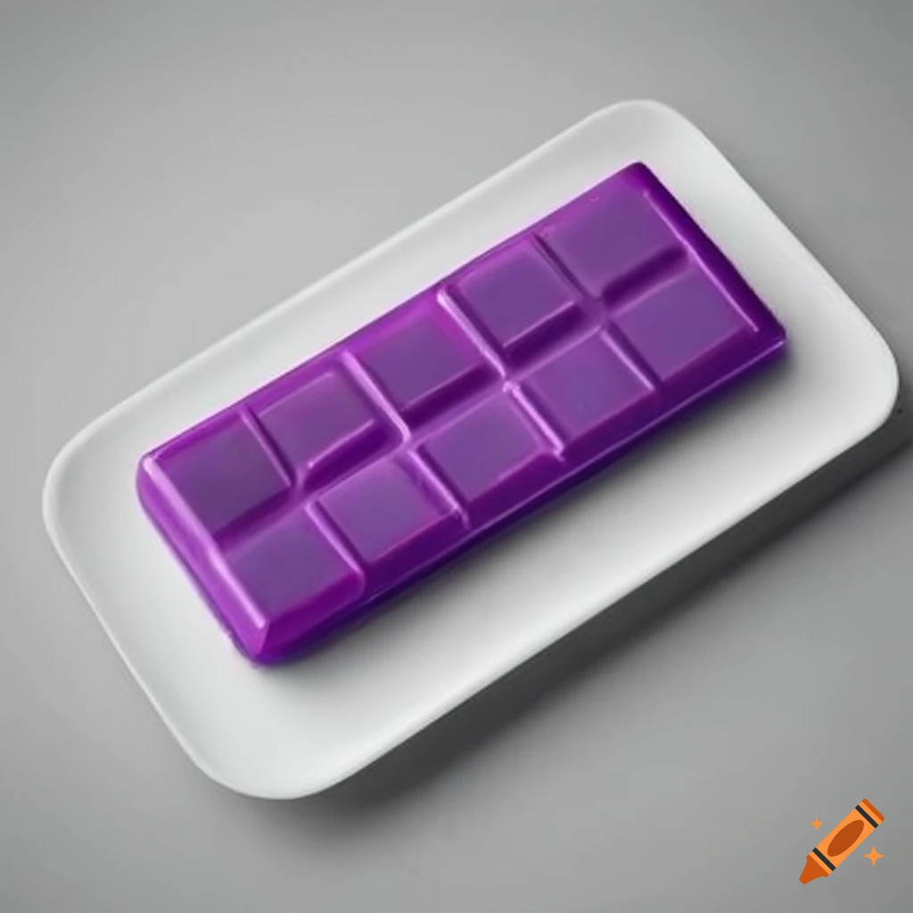 Purple transparent soap chocolate bar on a white platter