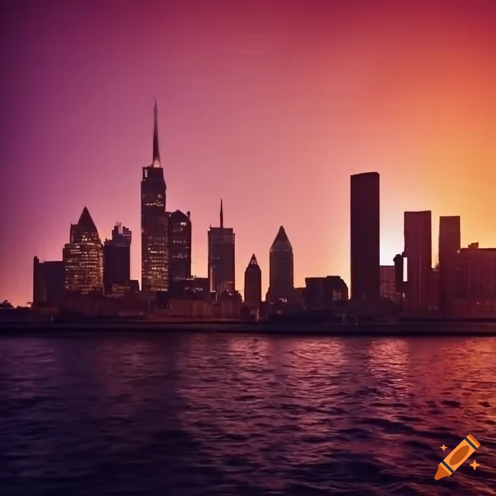 City skyline at sunset with skyscrapers and river on Craiyon
