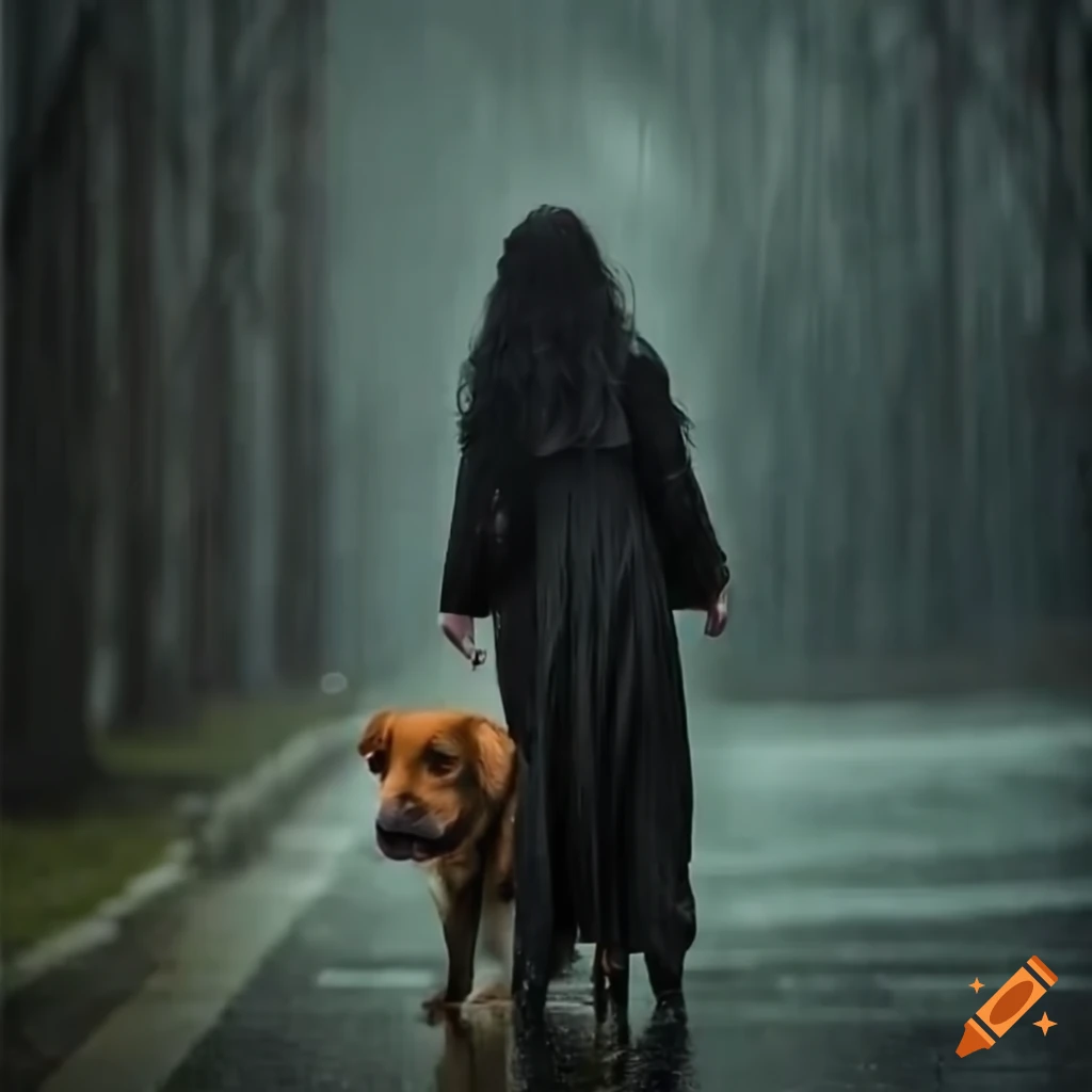 Woman with black hair walking a dog in the rain