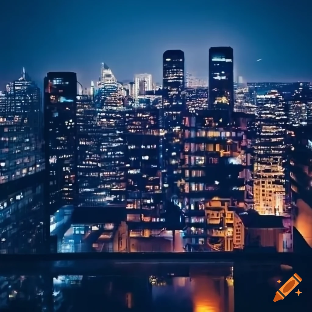 Nighttime cityscape from an apartment balcony