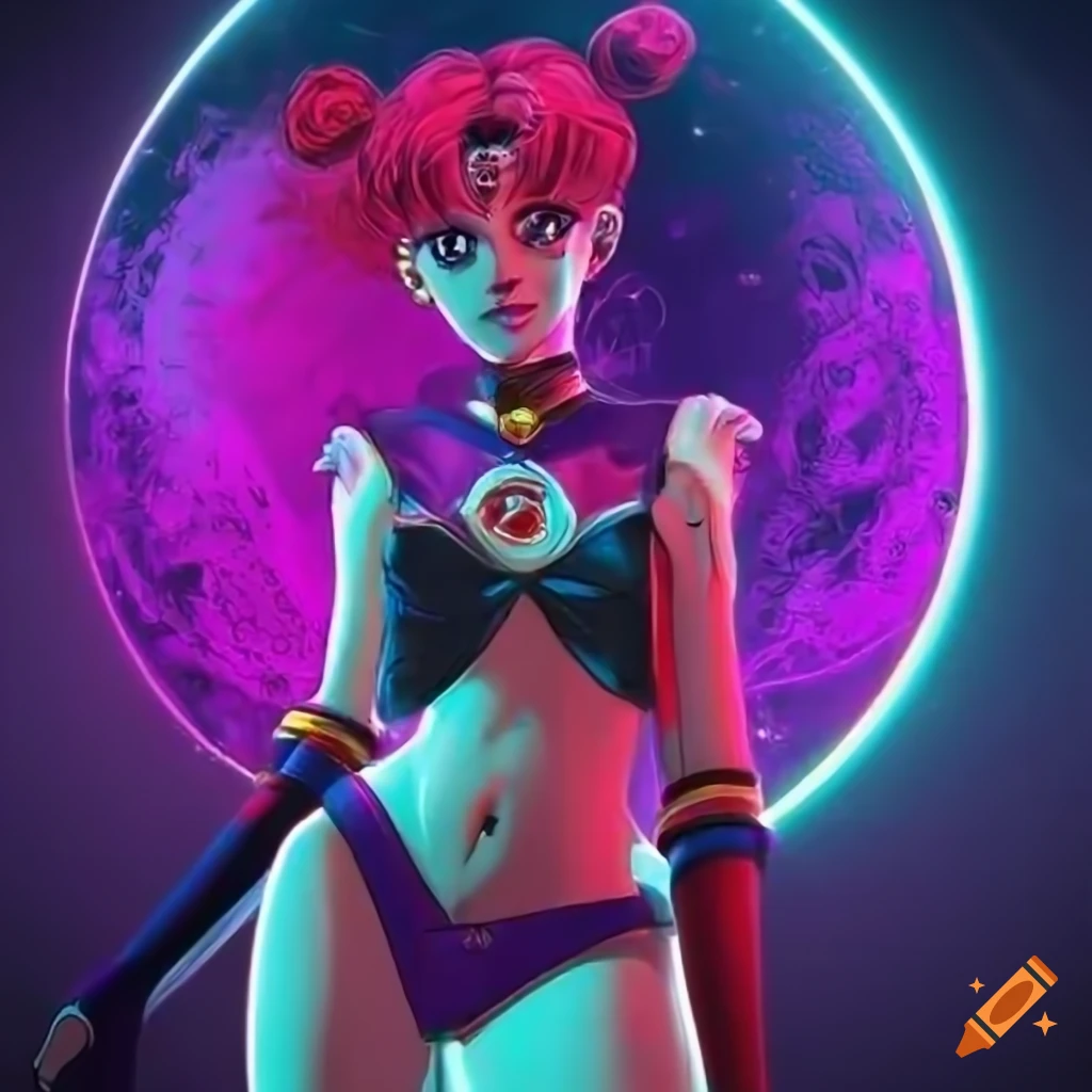 Digital art of Sailor Moon with a neon punk twist in an 80s style