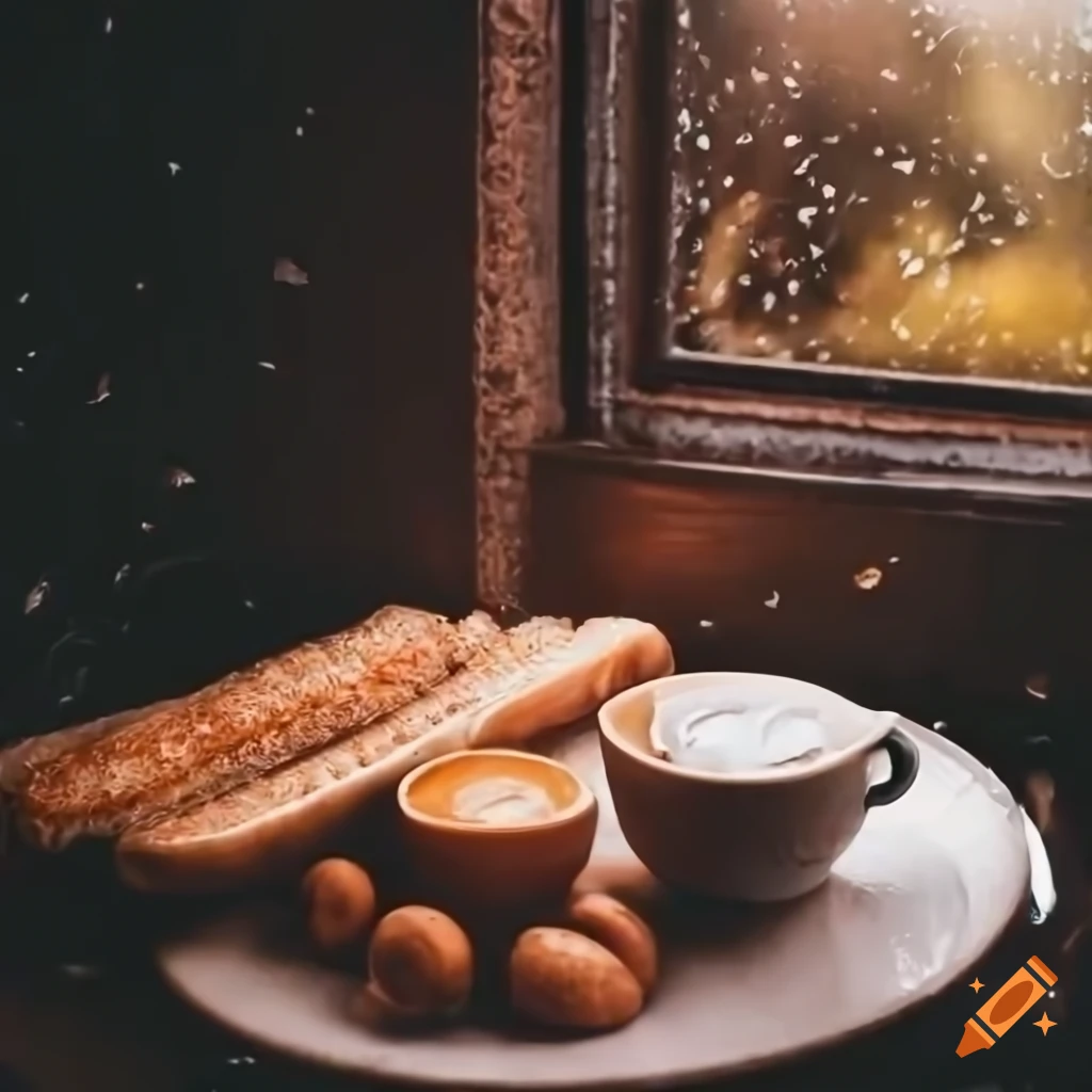 Café da manhã com pães, frutas e café em uma mesa marrom em dia chuvoso