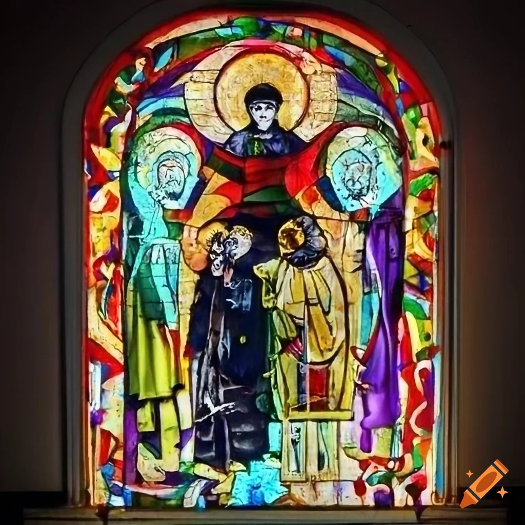 Graffiti stained glass art depicting family saints by Banksy