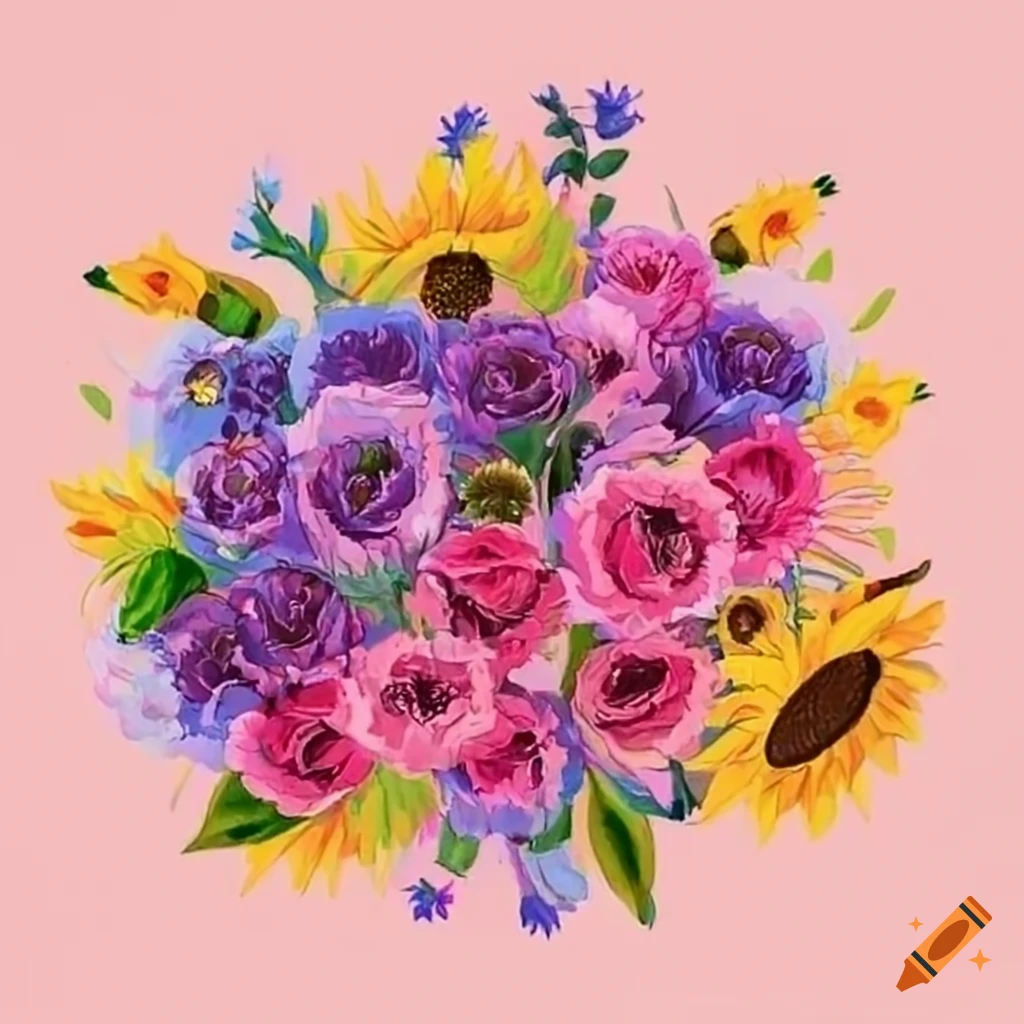 Floral table arrangement with sunflowers, pink roses, and purple