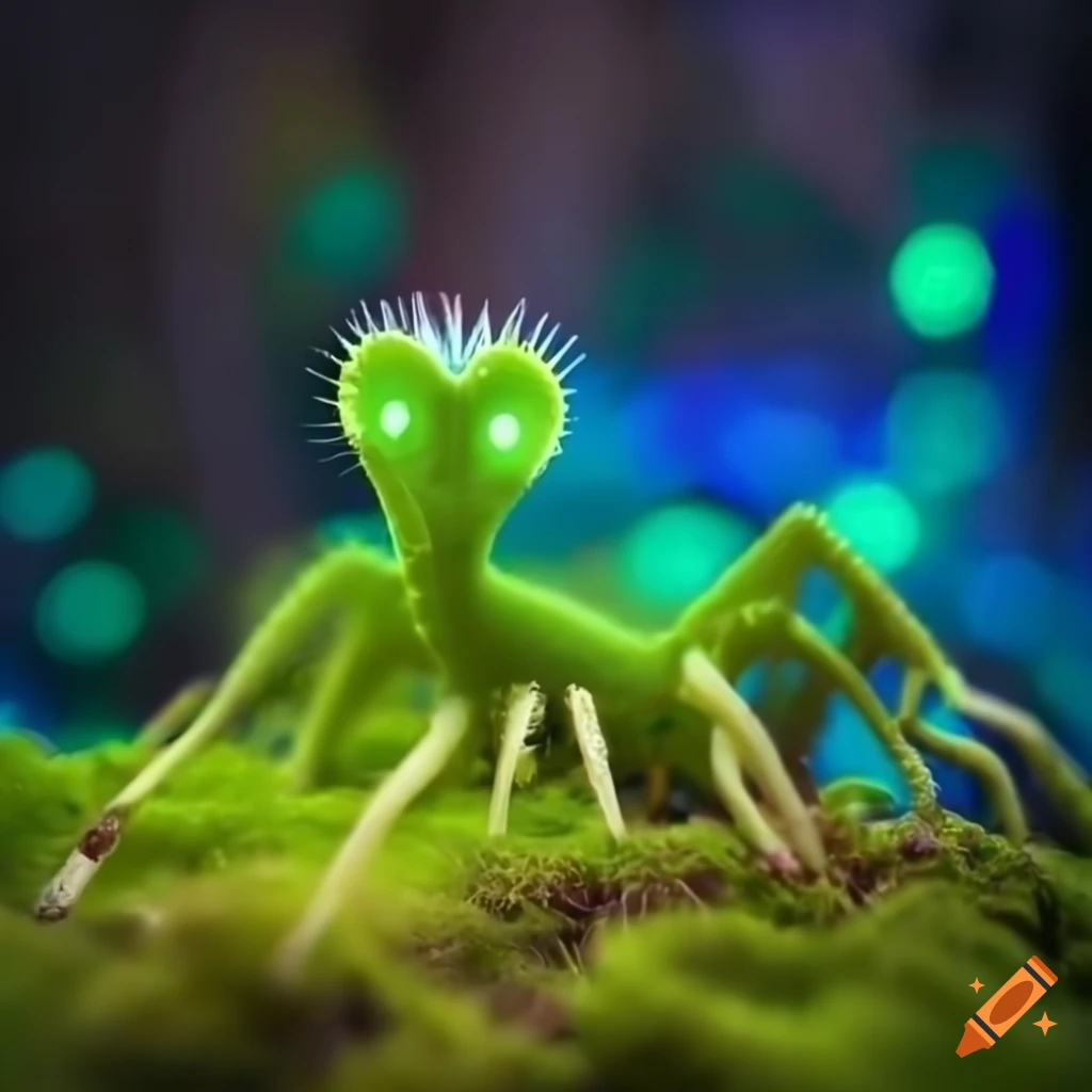 Glowing biopunk Venus flytrap creature in a moss-covered cityscape