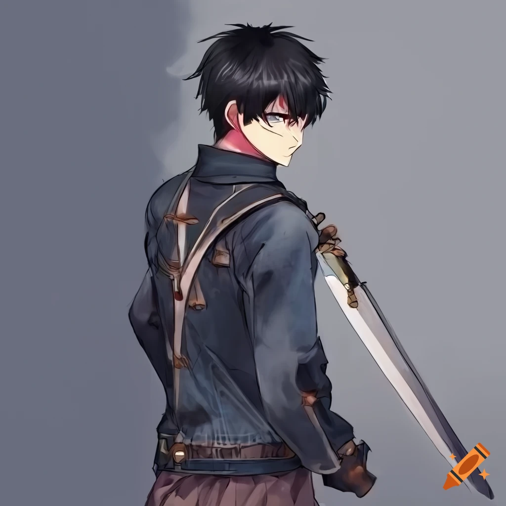 Male character with black hair, sword on back, and sand-resistant goggles in anime style