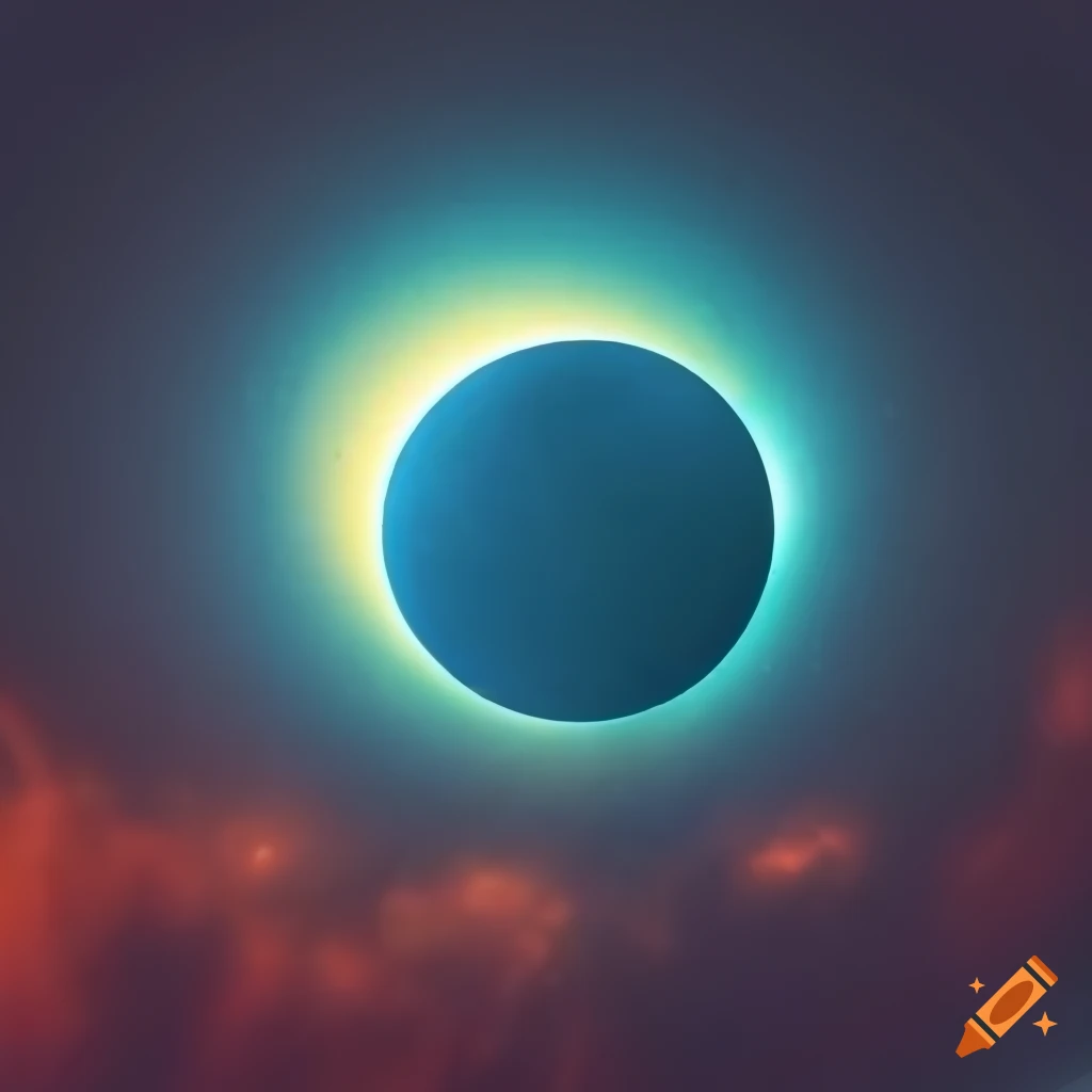 Solar eclipse on a dark sky with yellow and red halo