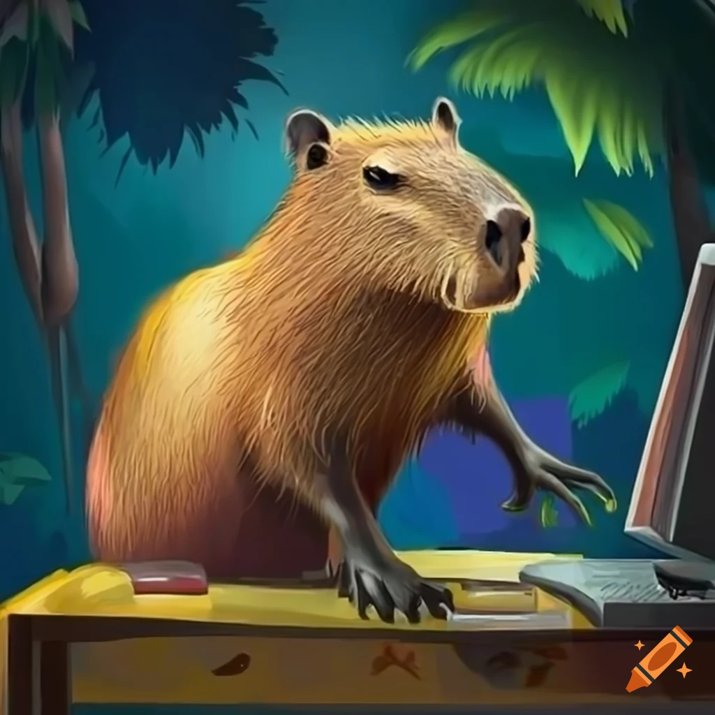 Funny capybara painting playing a computer game