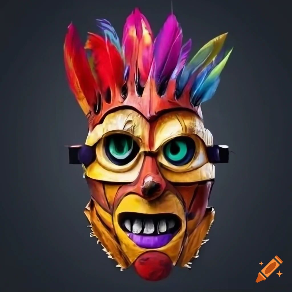 Vibrant Sumerian wooden mask with feather crown and colorful details
