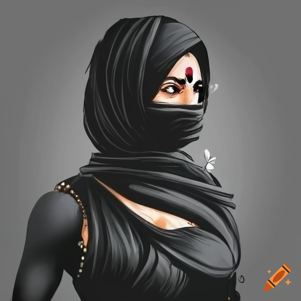 Close-up of an Indian woman in ninja attire inspired by Daigo Ikeno's artstyle