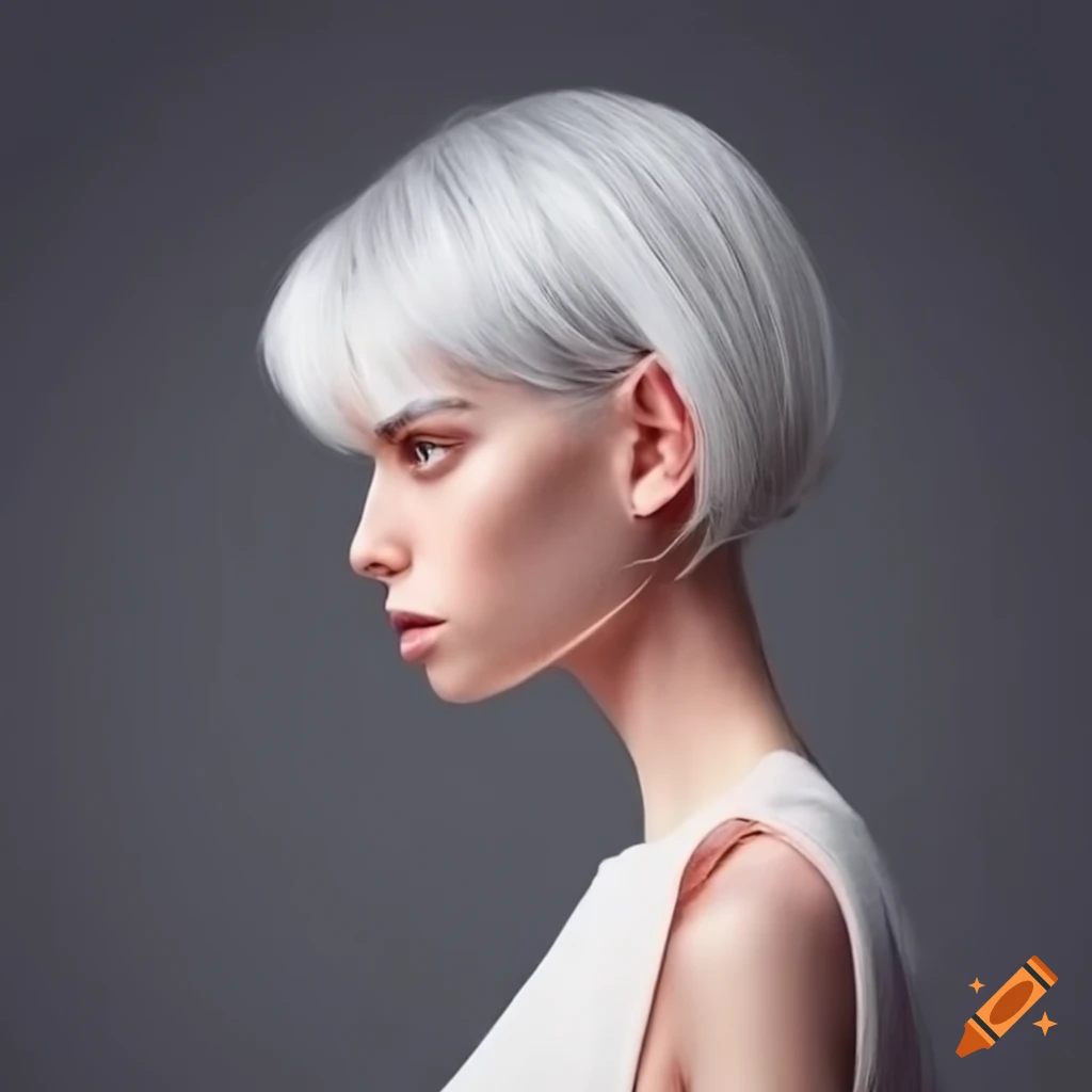 Woman with white bob hairstyle in minimalistic style