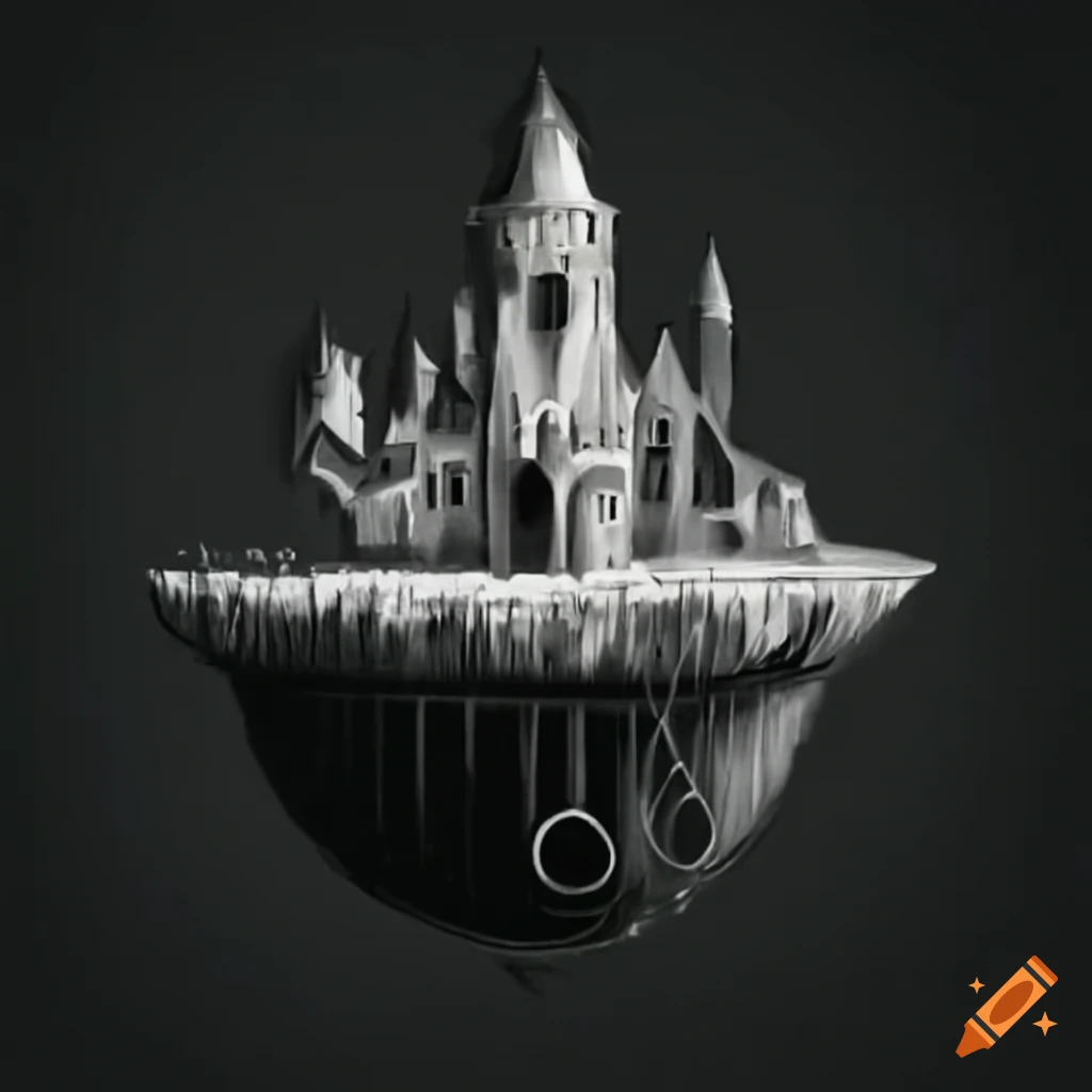 Floating island with a broken castle in black and white