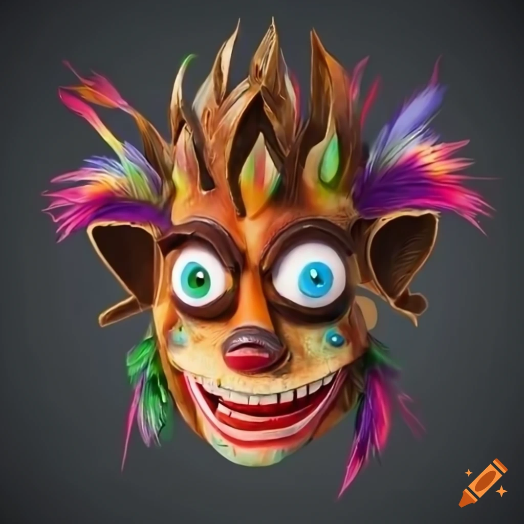 Vibrant Sumerian wooden mask with feather crown and colorful details