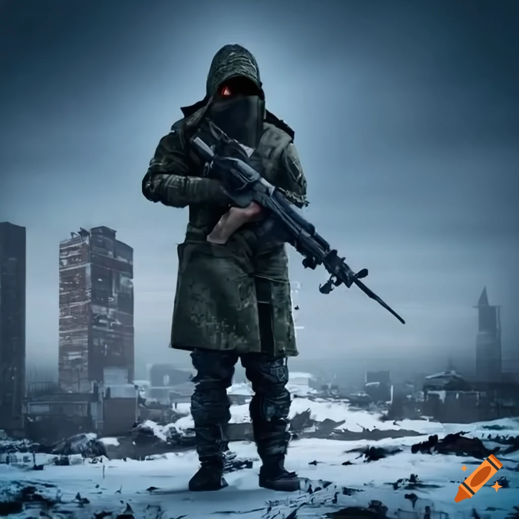 Masked soldier in winter apocalypse overlooking abandoned city
