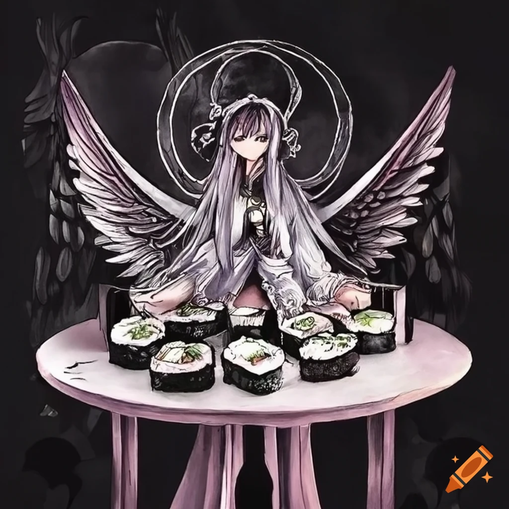 Anime-style angels in an exquisite sushi bar