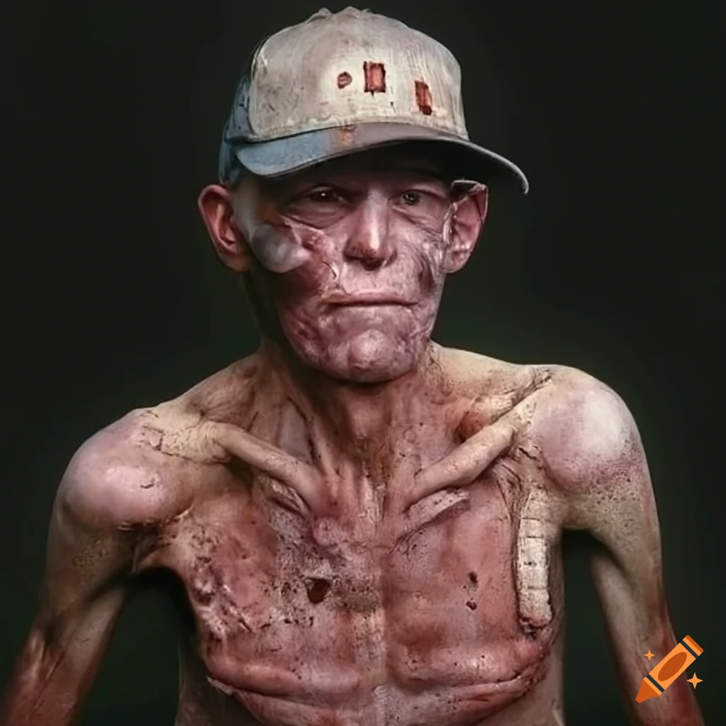 Hyperrealistic portrayal of rusting cyborg resembling Fred Norris with baseball cap