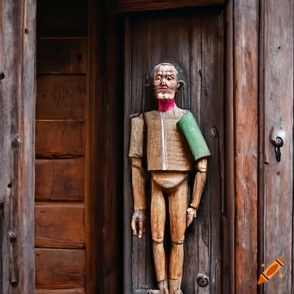Wooden painted statue of a man at a locked door in an enchanted 17th century house