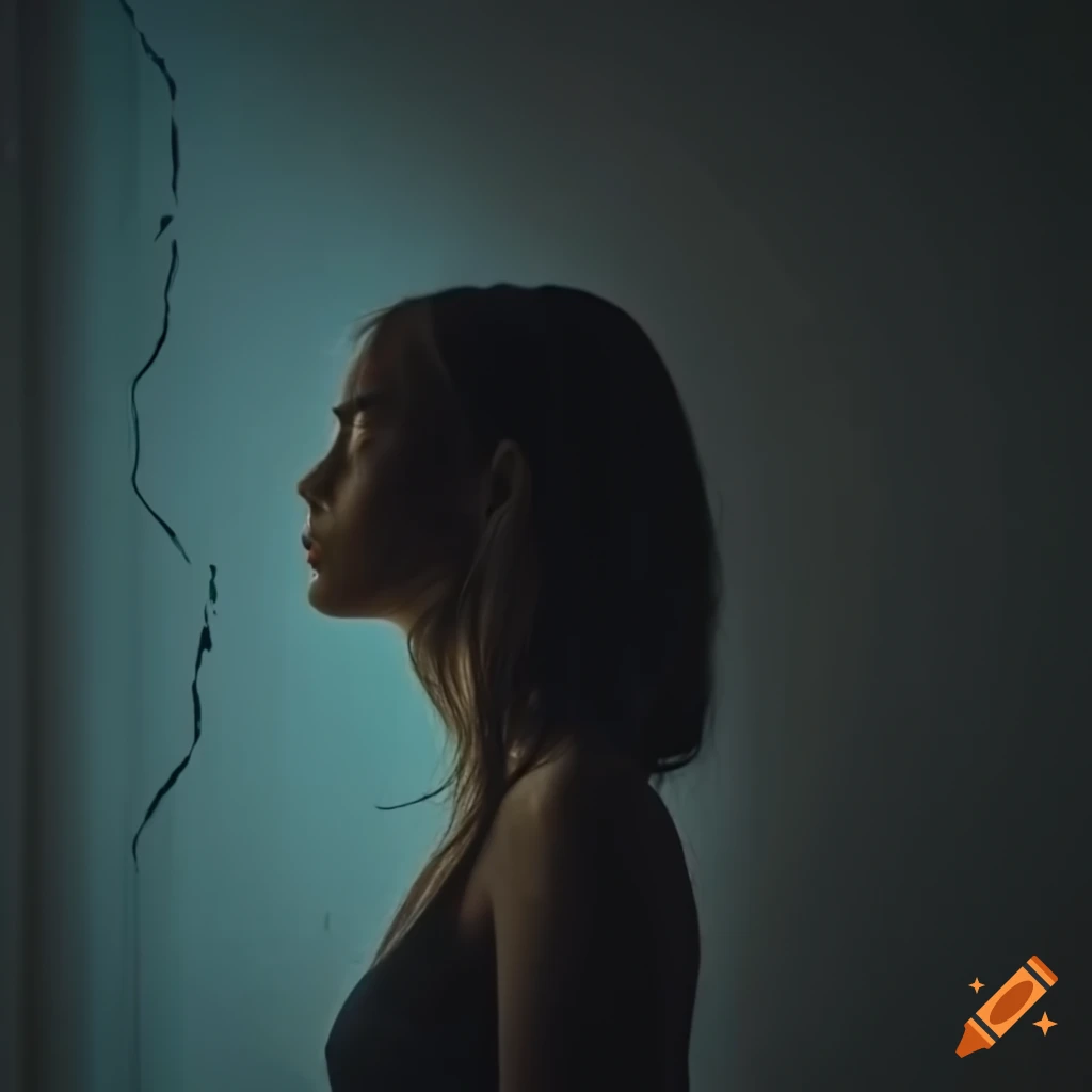 Introspective woman looking at her reflection in a cracked mirror