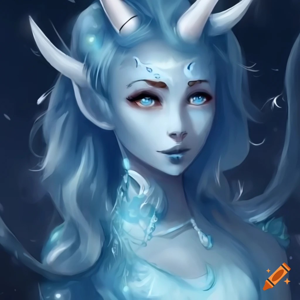 Young woman with light blue skin and horns, embodying a goddess with a serene smile