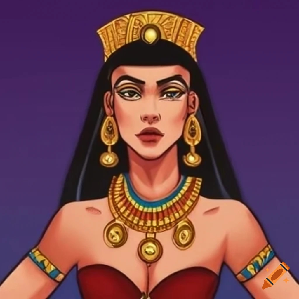Queen Cleopatra in ancient Egyptian palace adorned with golden jewelry