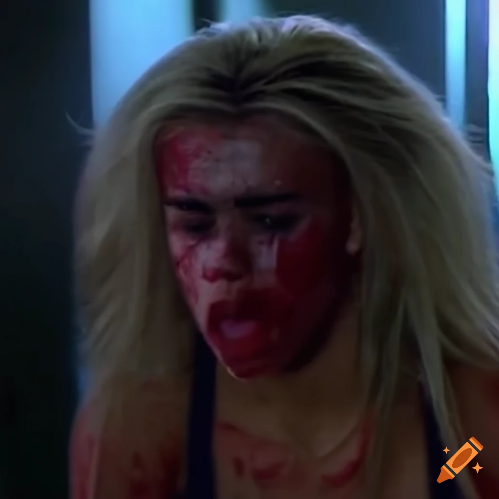 Expression of a dizzied and bruised woman fighter from a movie screencap