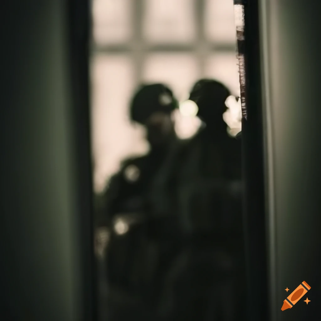 Soldier seen through window from outside with low shutter speed