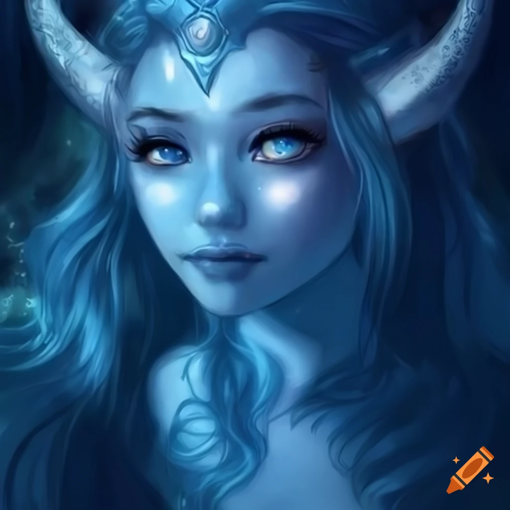 Young woman with light blue skin and horns, embodying a goddess with a serene smile