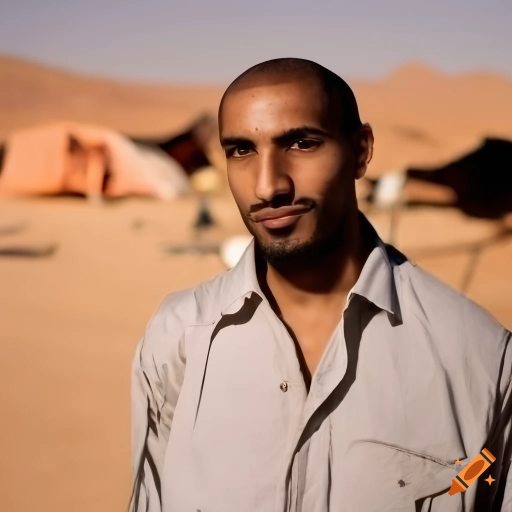 Short wavy black hair man with Arab features at Bedouin campsite