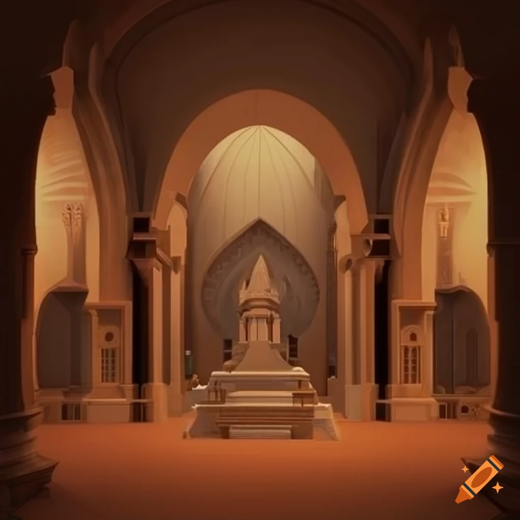 Isometric render of a detailed underground Catholic crypt with ornate architecture