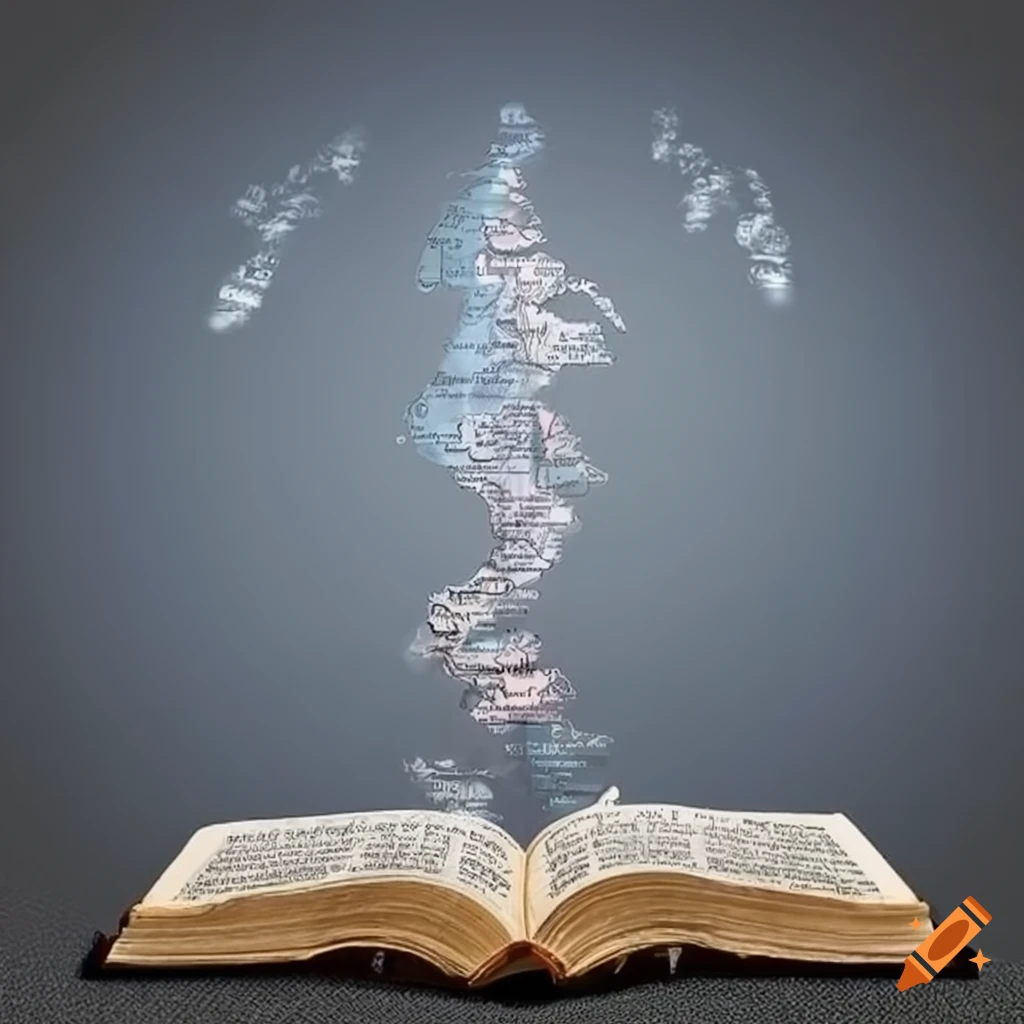 People helping each other towards heaven with the Holy Bible and world map