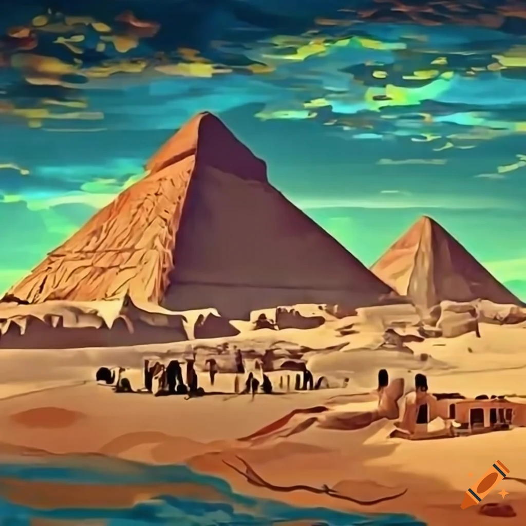Vista del antiguo Egipto con pirámides y el río Nilo