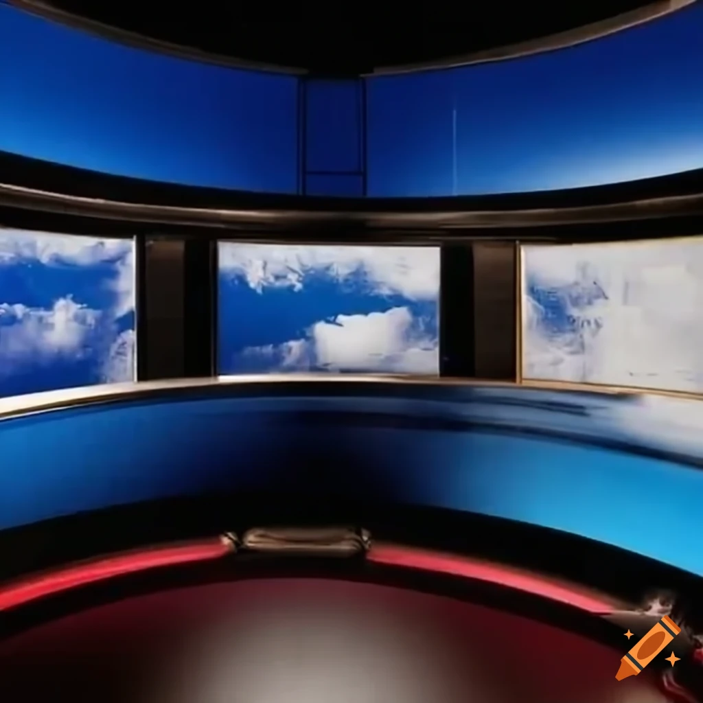 News studio with Earth news broadcasting on screen