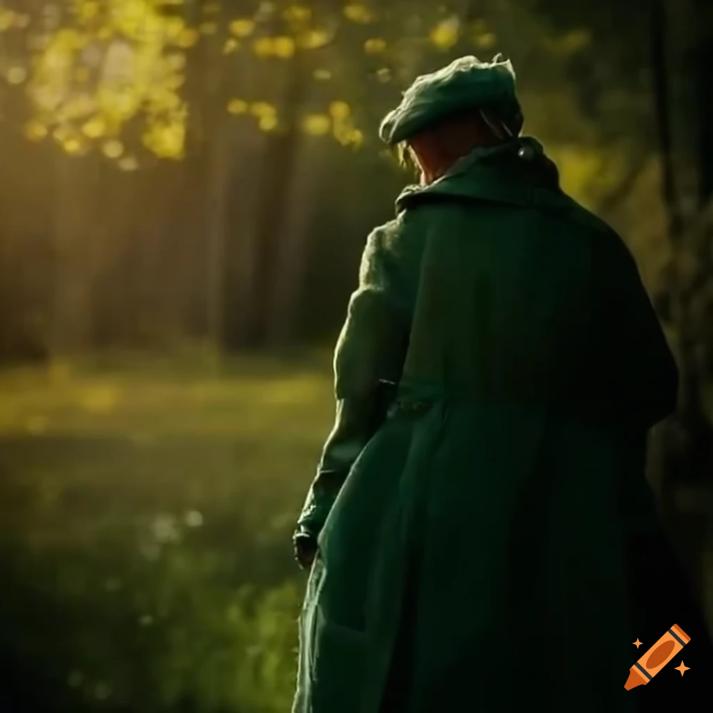 Living scarecrow in a green trench coat stepping out of a painting