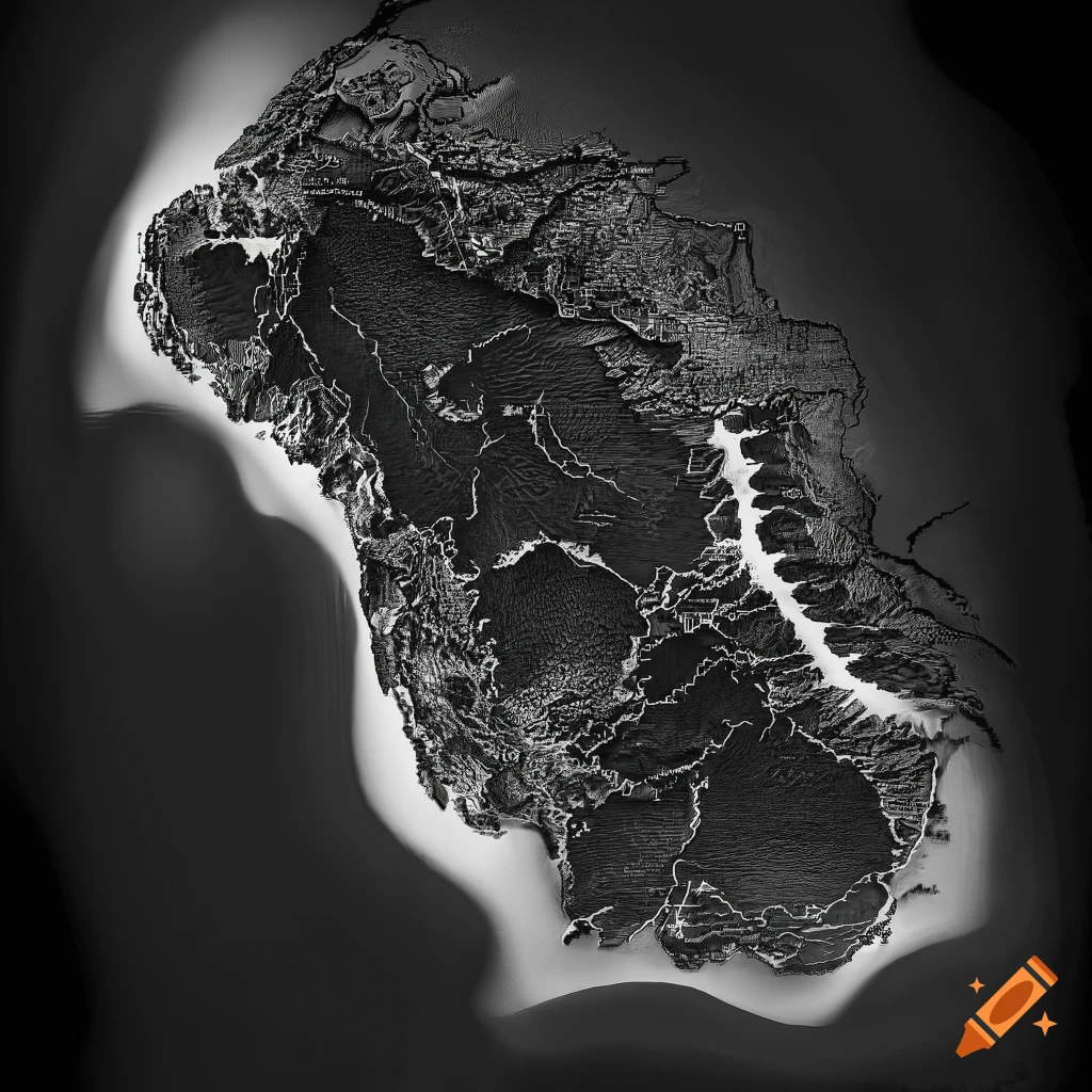 Detailed black-and-white map of an island with intricate coastlines and terrain features