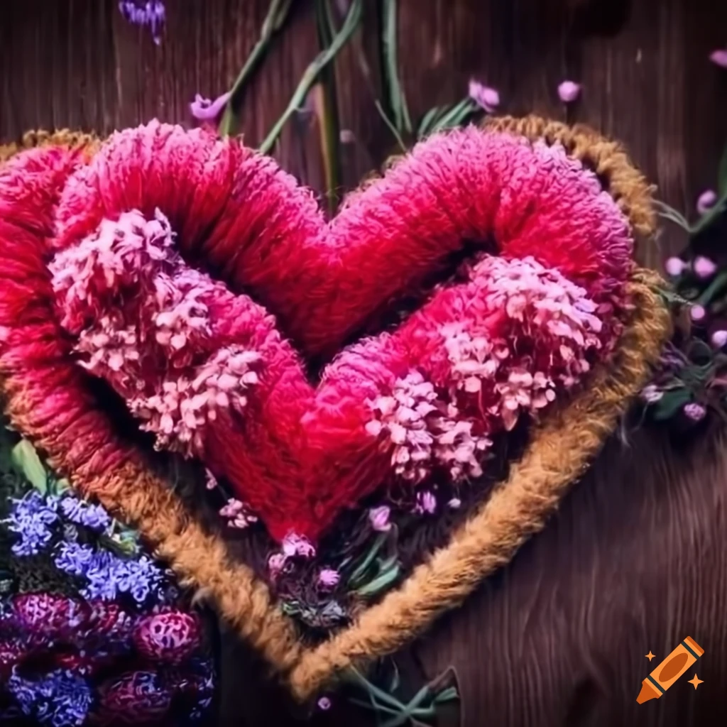 Ein Küsschen für Petra mit Herzchen und Blumen aus buntem Garn gestrickt