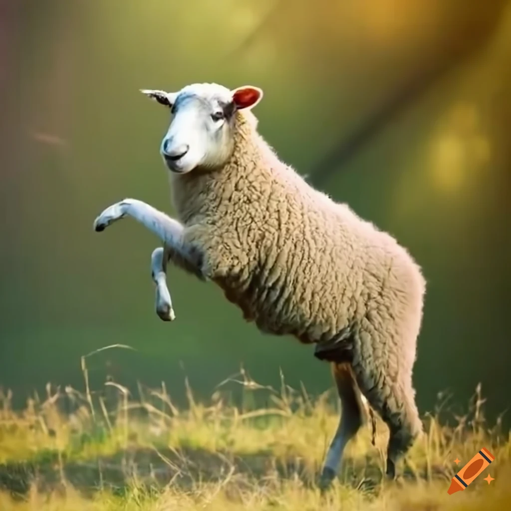 Beautiful sheep leaping over wooden fence in dappled sunlight