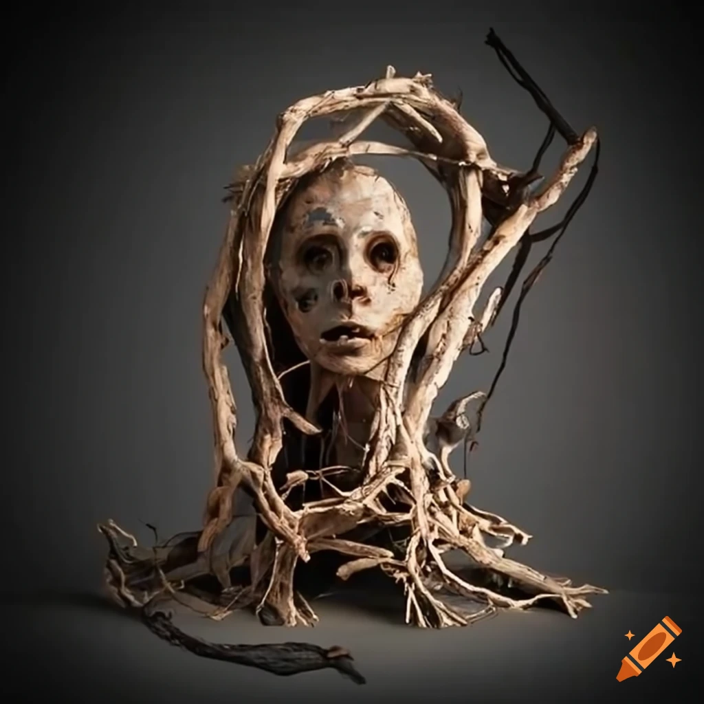 Sculpture made of branches and junk in a destroyed landscape