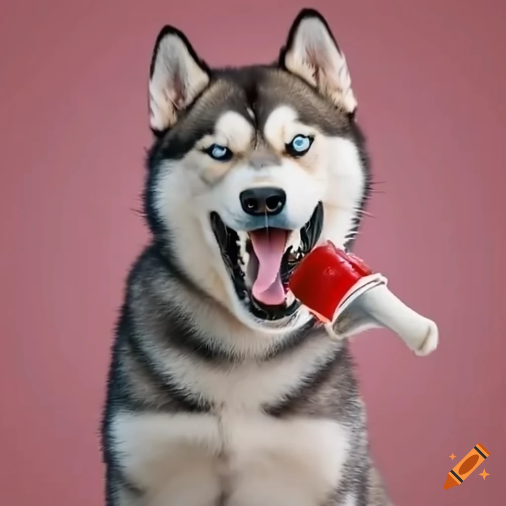 Husky biting a ketchup bottle