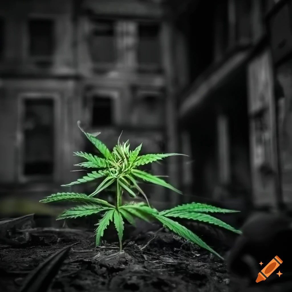 Contrast of green cannabis sprout in a post-apocalyptic city