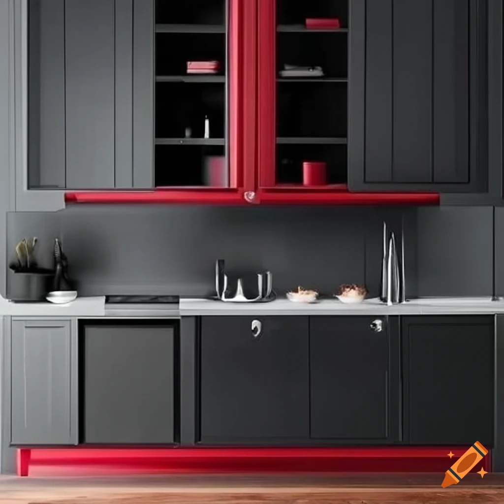 Black and red open kitchen on Craiyon