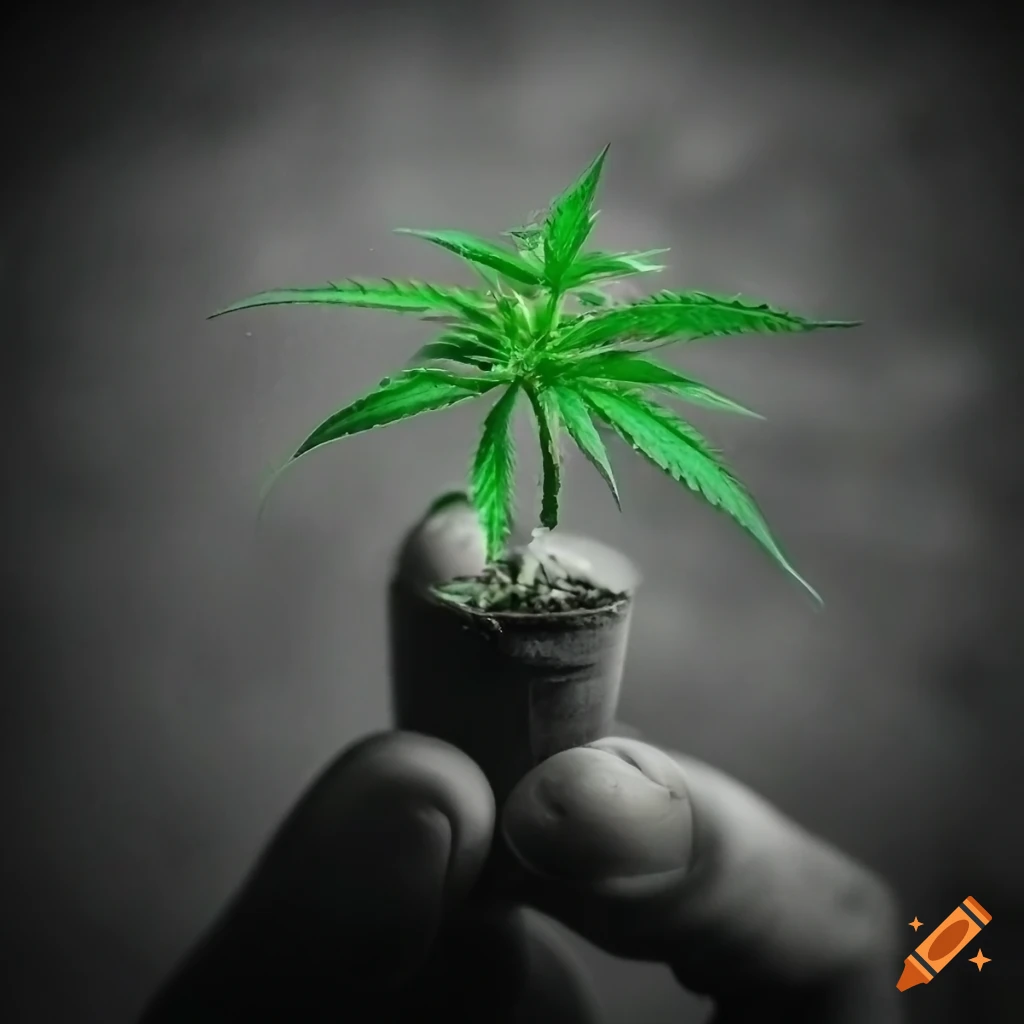 Contrast of life: tiny green cannabis plant in post-apocalyptic city