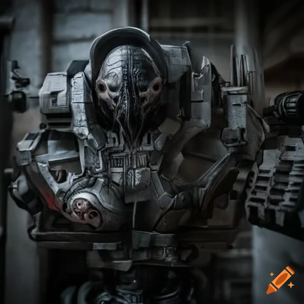 Realistic mech-warrior exploring a damaged urban landscape inspired by H.R. Giger