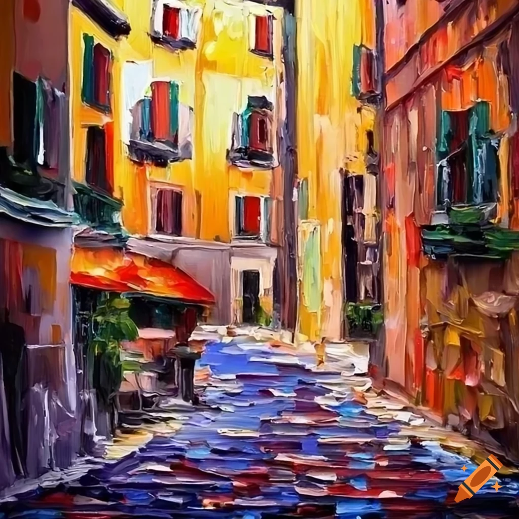 Palette knife painting of Italian town house architecture