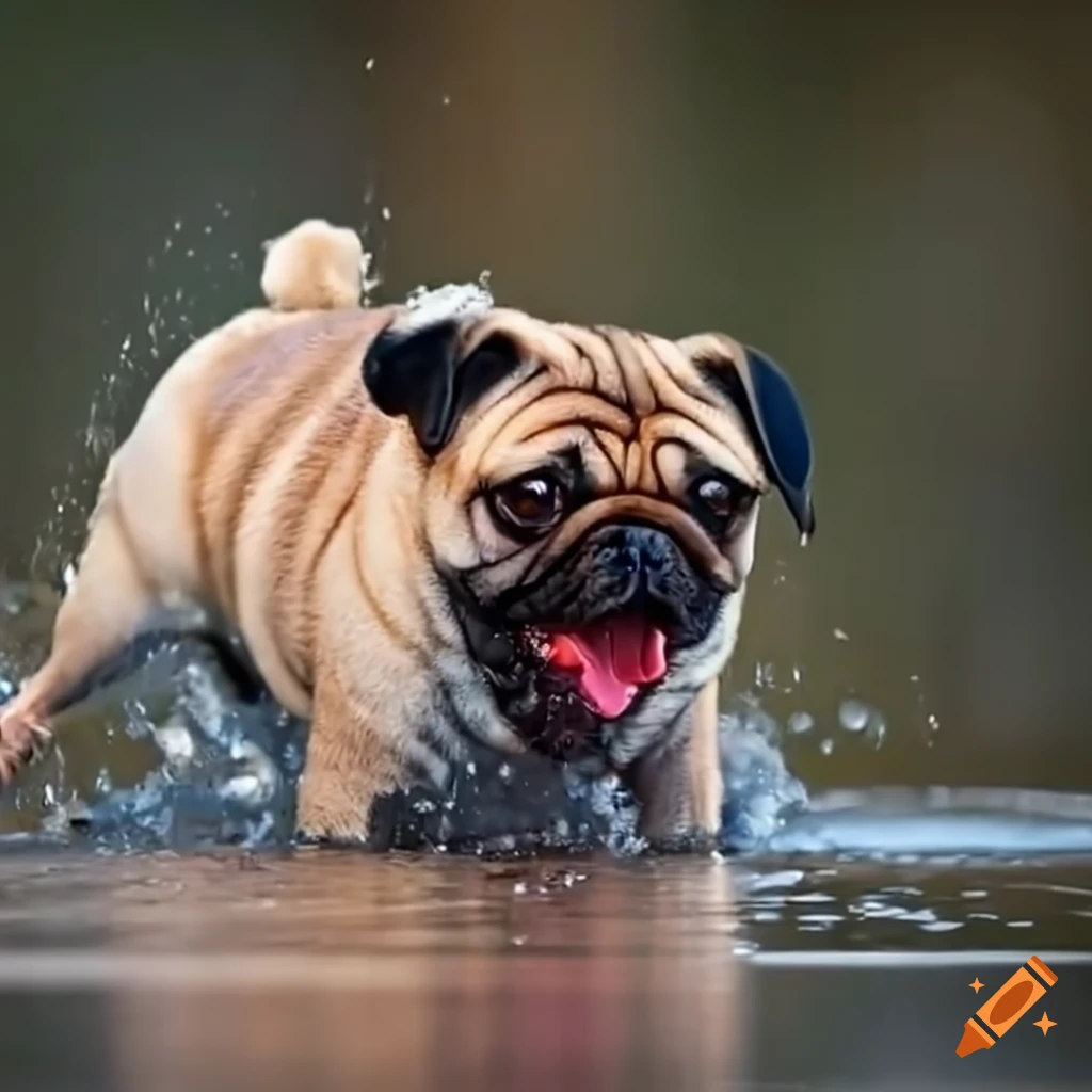 Cheerful pug splashing in a puddle during a downpour