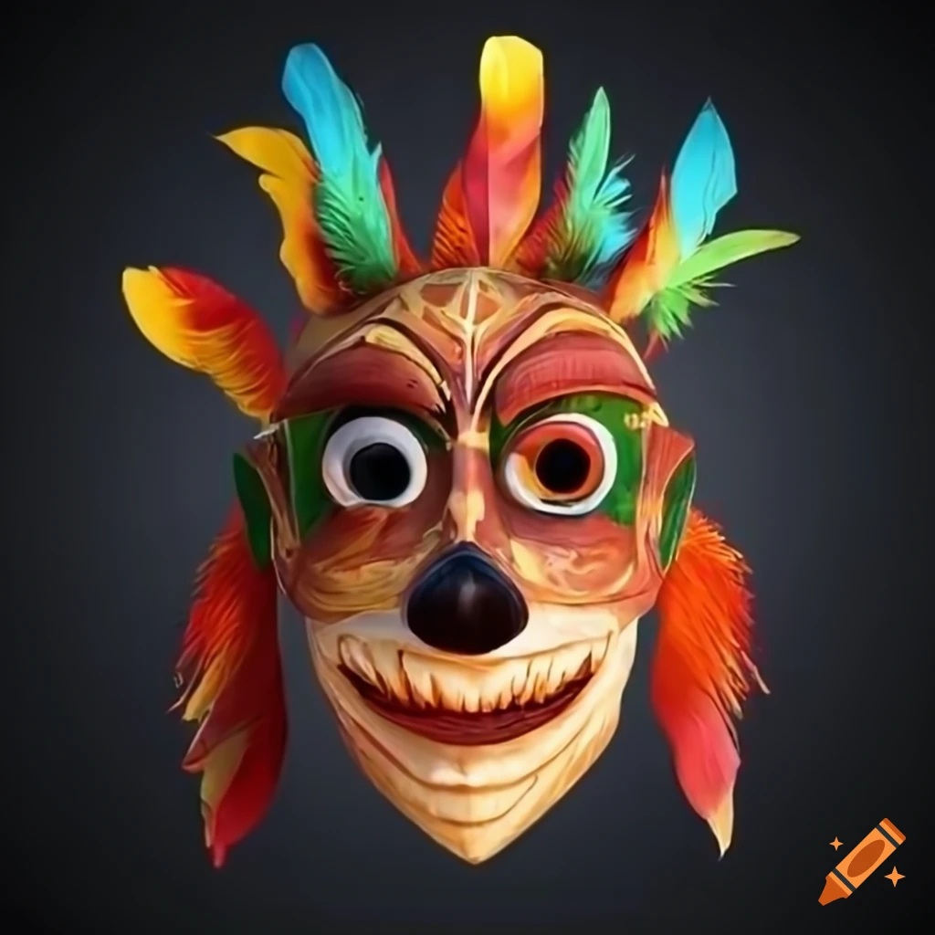 Vibrant Sumerian wooden mask with feather crown and fiery expressions