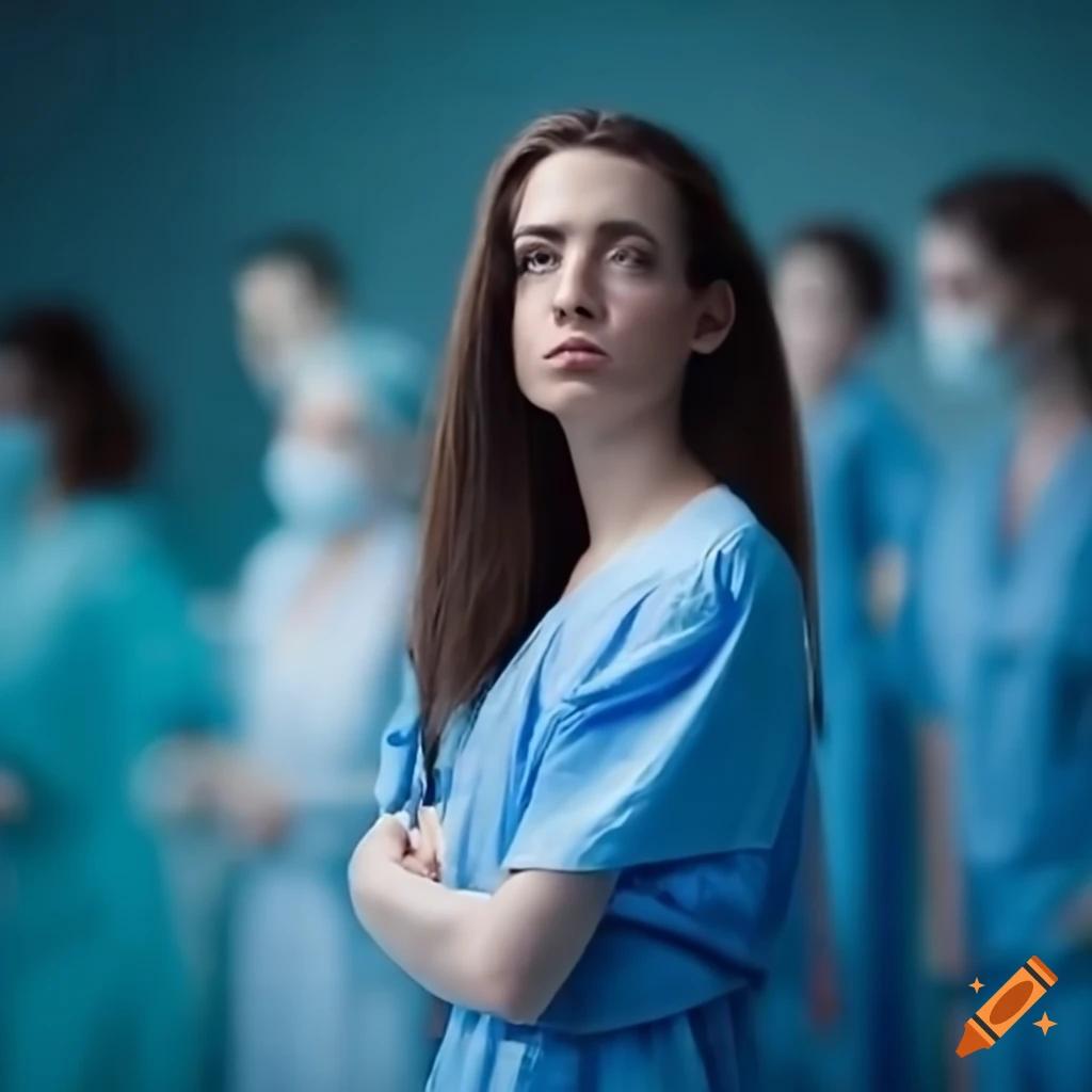 Beautiful woman in a hospital gown surrounded by nurses