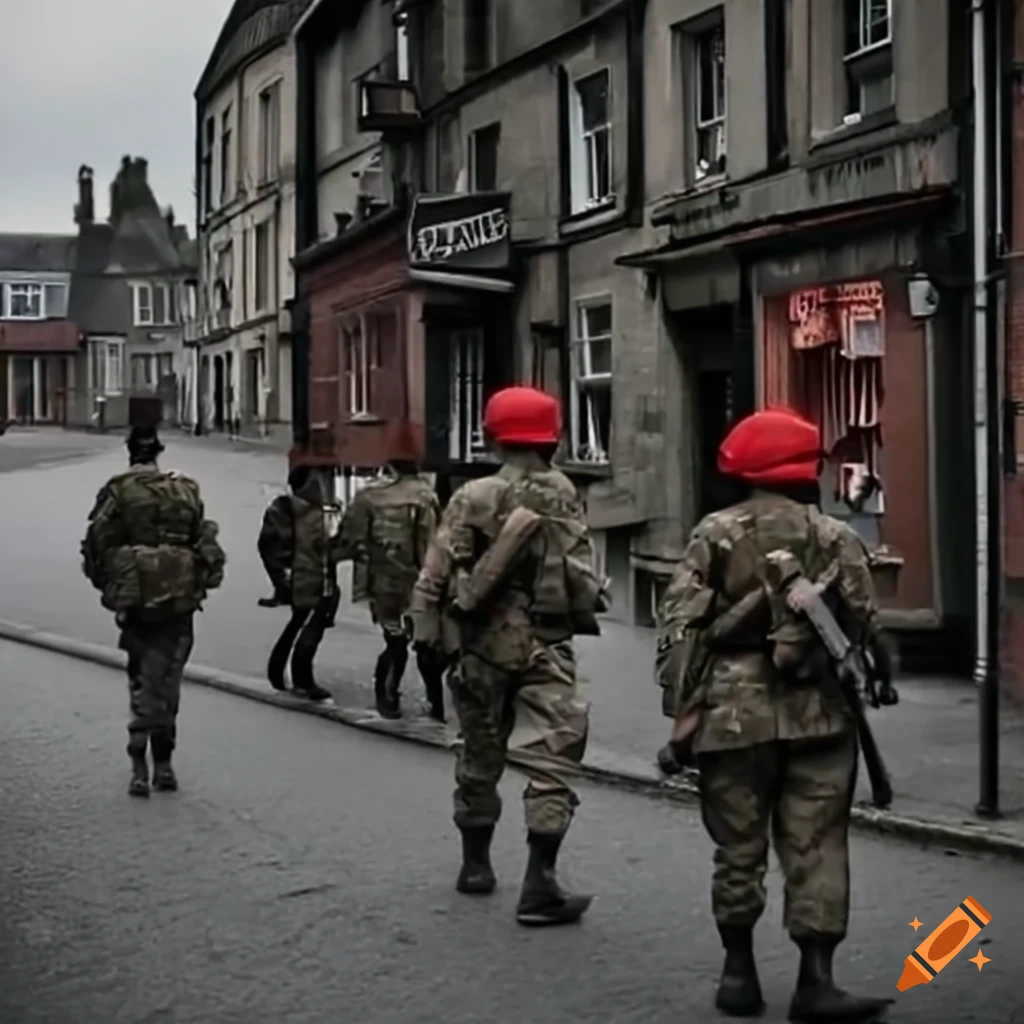 Empty grey town with patrolling soldiers wearing red armbands